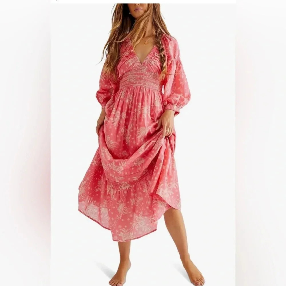 Free People Golden Hour Maxi Dress Smock Waist Ruffle Floral Print Pink Small